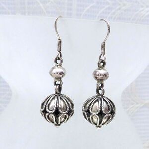 Vintage 925 Sterling Silver Dangle Filigree Bauble Earrings Gift for Women
